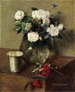 白いバラとチェリー アンリ・ファンタン・ラトゥール Oil Paintings